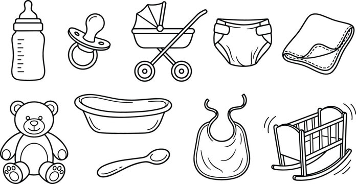 Newborn Baby Care Essentials and Nursery Accessory Icon Set with Stroller Cradle Feeding Bottle Teddy Bear and Diaper Line Art Symbols for Maternity Graphic Designs