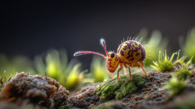 macro shot of a springtail on vibrant green moss