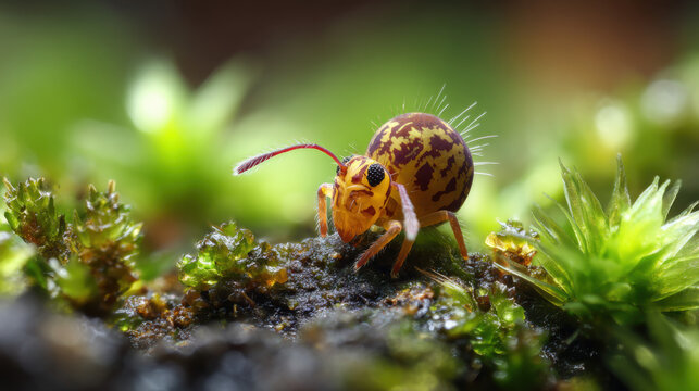 macro shot of a springtail on vibrant green moss