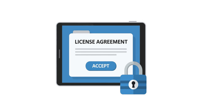 Digital License Agreement Concept on Tablet Screen with Accept Button and Security Lock Icon