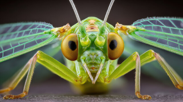 transparent green lacewings with golden eyes close-up