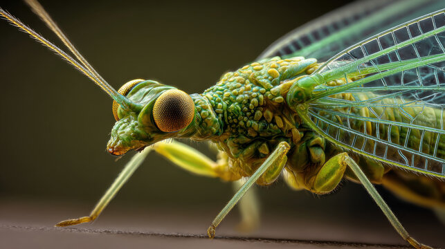 transparent green lacewings with golden eyes close-up