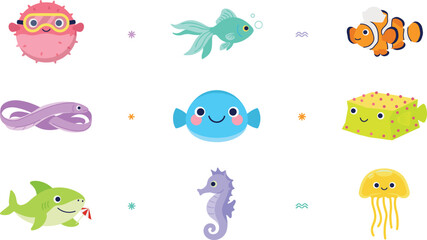 Naklejka premium Cute Cartoon Sea Creatures and Marine Animal Icon Set with Happy Pufferfish, Clownfish, Shark, Seahorse, and Jellyfish Characters for Kids Graphic Designs