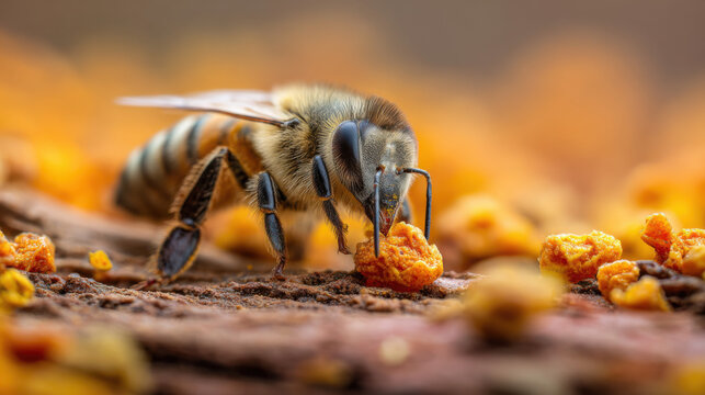 transparent macro of a bee's pollen basket filled with colorful grains