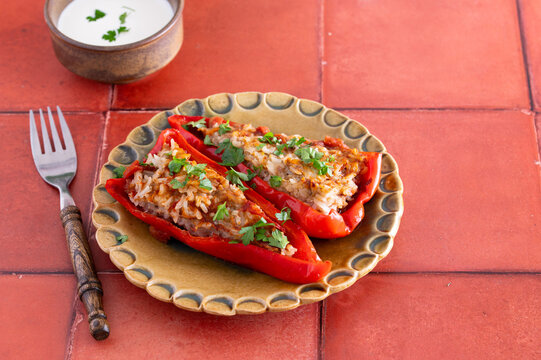 Stuffed long sweet peppers on plate on red tiles