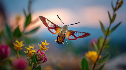 Naklejka premium close-up of a hummingbird moth hovering in vibrant nature