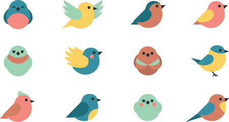 Fototapeta premium Cute Minimalist Bird Character Vector Set with Colorful Little Songbird Avatars Showing Flying, Sitting, and Front Facing Poses for Kids Pattern and Sticker Designs