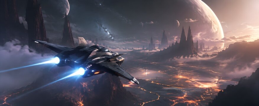 Fast Futuristic Spacecraft Above Alien Landscape Creates Science Fiction Photography with Glowing Terrain and Adventure