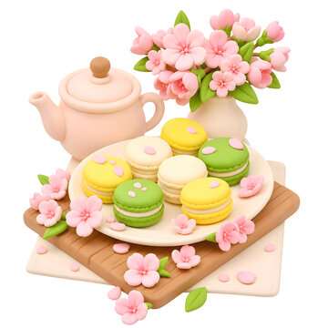 3D Clay Macarons and Teapot Set with Cherry Blossom Sakura, 3D Icon Tea, Tea Time
