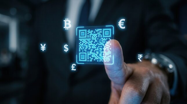 Digital currency transaction using a QR code and multiple global currency symbols.