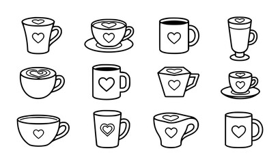 Obraz premium Coffee Cup Heart Latte Art Outline Icons Minimalist Beverage Vector Set