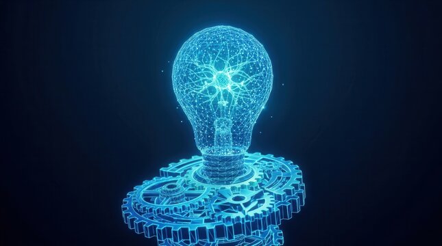 A glowing digital light bulb representing creativity and innovation against a dark blue background.