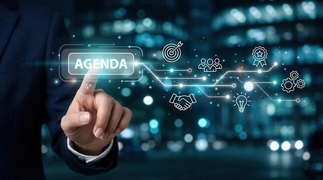 Strategic planning and teamwork workflow with meeting agenda icons for clear outcomes.