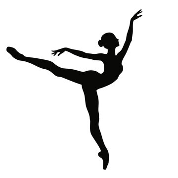 Graceful ballerina silhouette in arabesque pose, elegant ballet dancer vector icon, minimalist black and white dance graphic