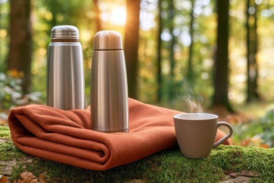 Outdoor still life with metal thermos flask and hot drink on folded wool blanket