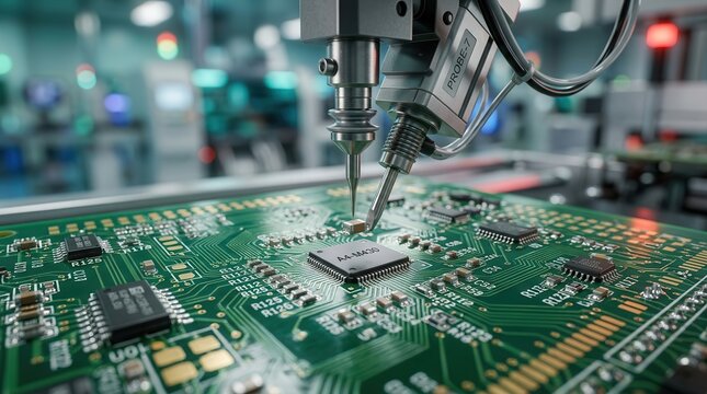 High-precision semiconductor manufacturing process with an automated machine assembling a circuit board.