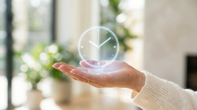 Glowing digital clock icon floating above a woman's open palm.