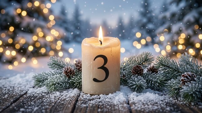 Third advent week candle with number three resting on snow-covered wood and pine branches.