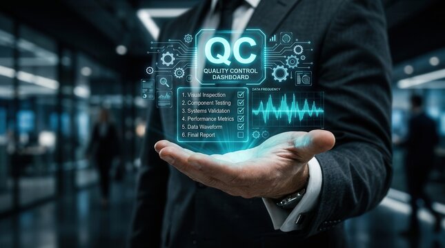 A hand presenting a futuristic quality control QC dashboard with digital checklist.