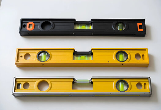 Construction and home improvement tools, three spirit levels for precision and accuracy in building projects