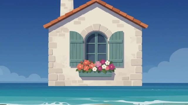 Abstract minimalist of architectural house elements floating over water against blue sky