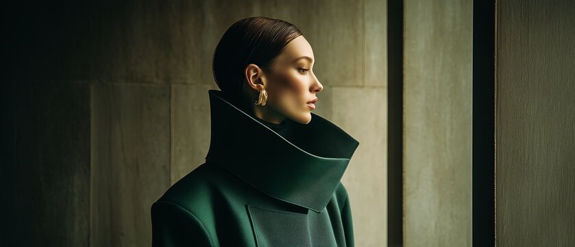 elegant woman in high collar green wool coat fashion portrait banner