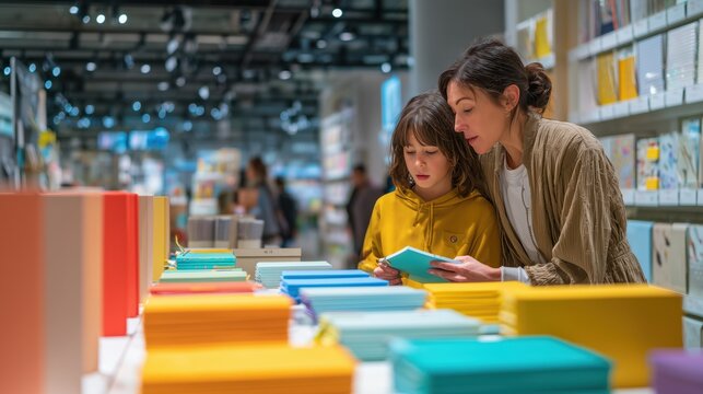 mother and child choosing notebooks in stationery shop back to school banner