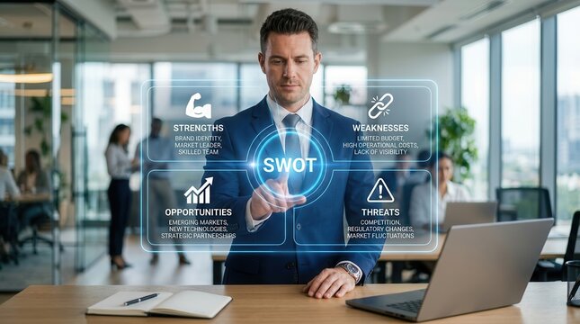 Digital SWOT analysis concept showing strengths, weaknesses, opportunities, and threats.