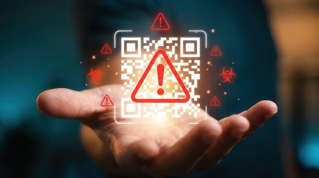 A glowing QR code with warning symbols represents a digital security scam alert.