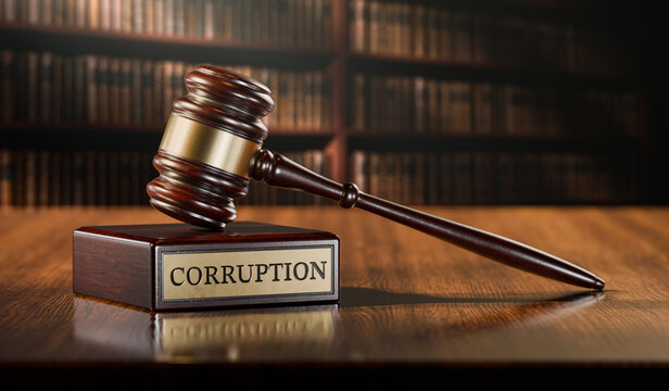 Corruption Crime Concept with Judge Gavel on Wooden Desk