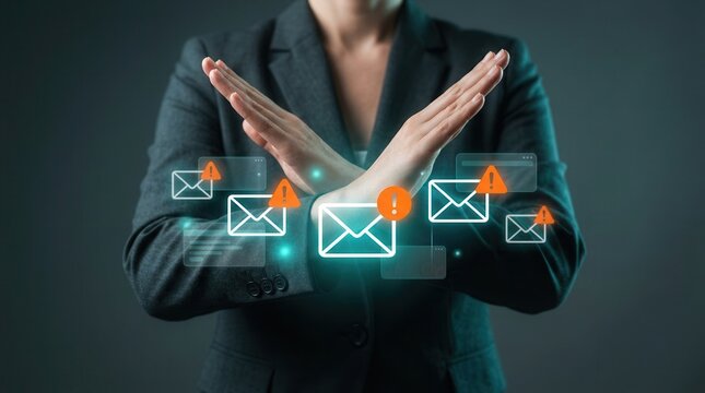Businesswoman using crossed arms for phishing protection and spam email warning defense.