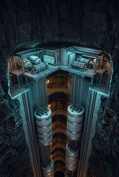 Modern elevator system inside a deep mine shaft