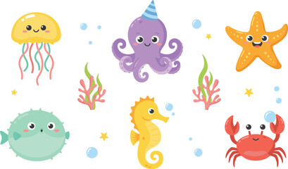 Fototapeta premium Cute Sea Creatures and Ocean Animals Icon Set with Kawaii Underwater Life Characters for Kids Birthday Invitations, Nursery Decor, and Children Graphic Designs