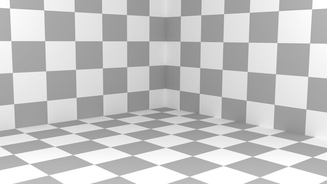 Empty room interior with checkerboard pattern on walls and floor