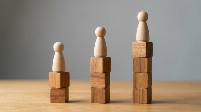 Conceptual image of career growth and success featuring wooden peg people on stacked wooden blocks.