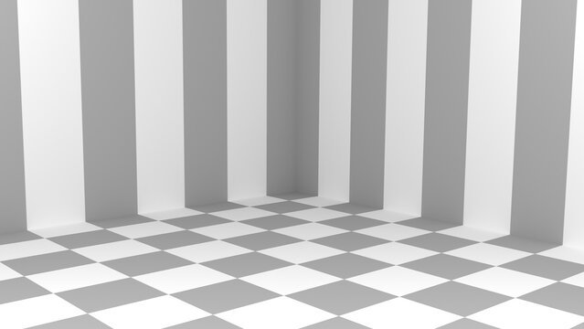 Empty room interior with checkered floor and striped walls corner