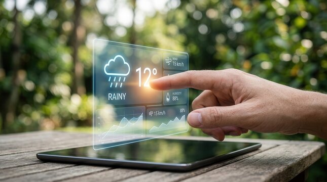 Augmented reality weather interface displayed on a tablet with rainy conditions and 12 degrees temperature.