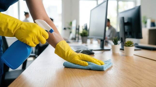Professional facility maintenance and workplace sanitation using spray and cloth on a desk.