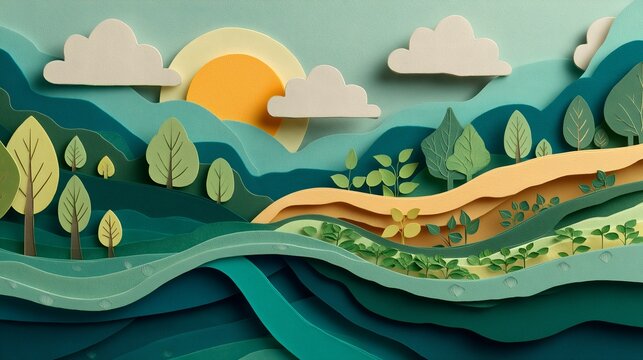 Paper craft landscape illustration with green rolling hills, sunrise, and clouds for eco concepts
