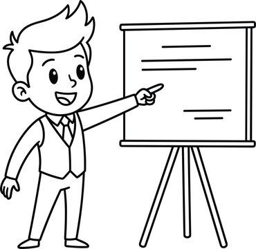 Cute boy cartoon character pointing at presentation flip chart board vector outline illustration isolated on white