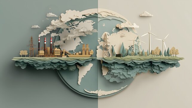 Paper craft globe comparing pollution and clean renewable energy for climate change concept