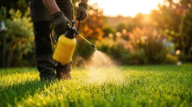 Lawn care specialist applying liquid fertilizer or pesticide to a vibrant green grass garden.