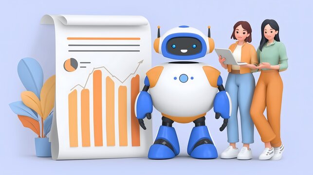 3D cartoon robot presenting growth chart with two businesswomen using laptop