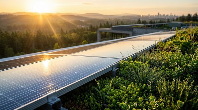 Ecofriendly enterprise headquarters with solar panels for efficient energy use and green roof vegetation.