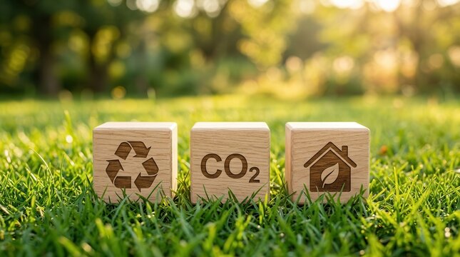 Sustainable living concept featuring CO2 recycling and green home symbols on wooden cubes.