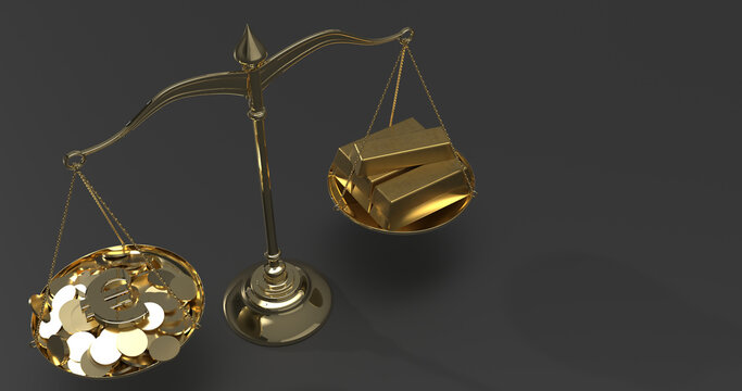 Gold balance scale weighing gold bars against gold euro symbols and coins