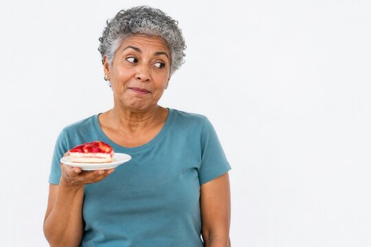 Senior woman holding a slice of strawberry cake and looking aside on white background