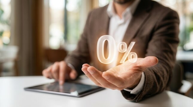 Businessman presenting a 0% interest rate symbol for financial savings and incentives.