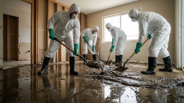 A crew of remediation specialists in hazmat suits performing water damage repair in a damaged building.
