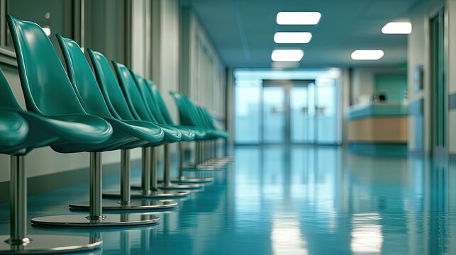 Empty teal waiting chairs in a modern, sterile hospital corridor